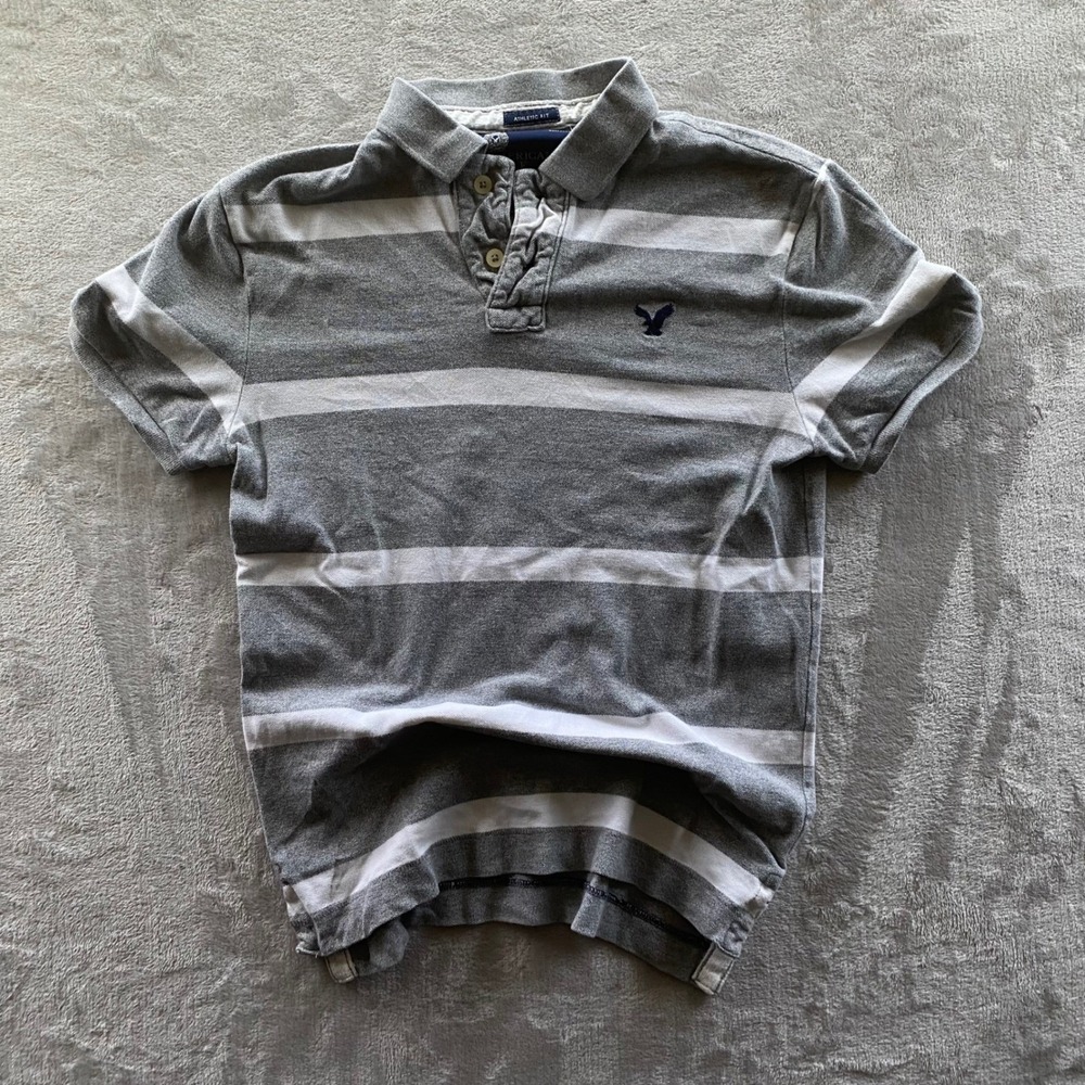 American Eagle Mens XS Athletic Fit Striped Polo Shirt Grey White Short Sleeve